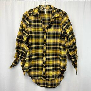 I Love Womens Flannel Tunic Top Yellow Plaid 3/4 Tie Sleeve V Neck High Low S